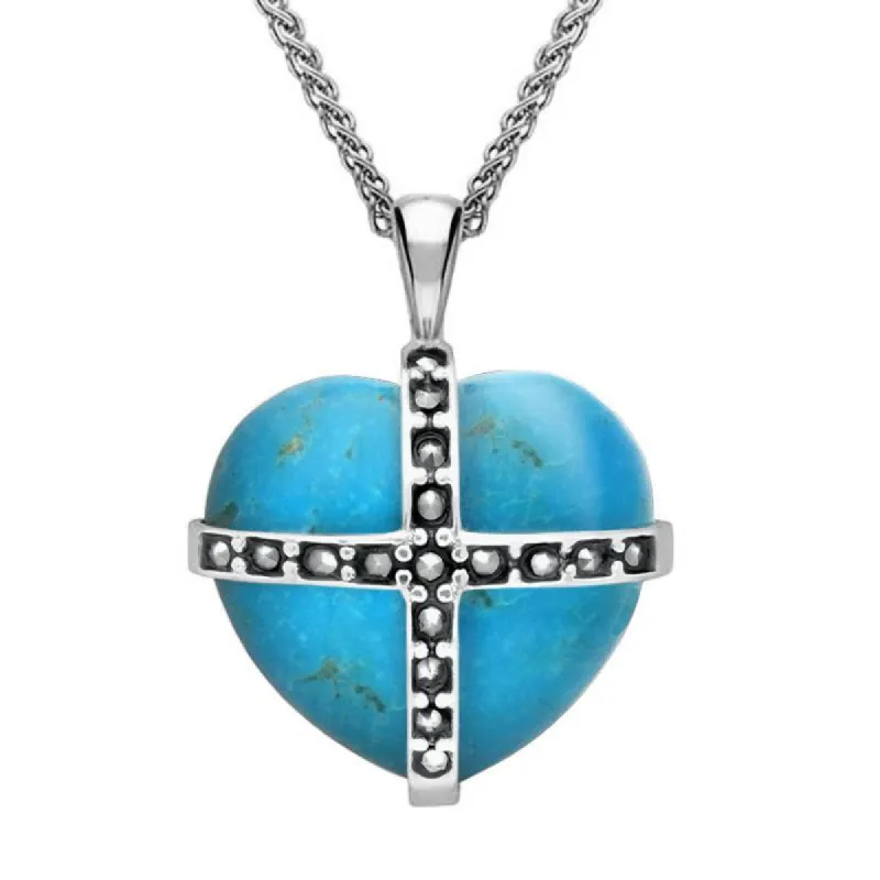 Sterling Silver Turquoise Marcasite Medium Cross Heart Necklace sold by C.W. Sellors
