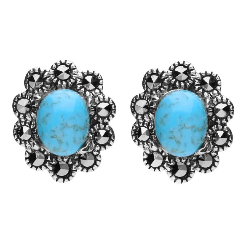 Sterling Silver Turquoise Marcasite Oval Beaded Edge Stud Earrings sold by C.W. Sellors