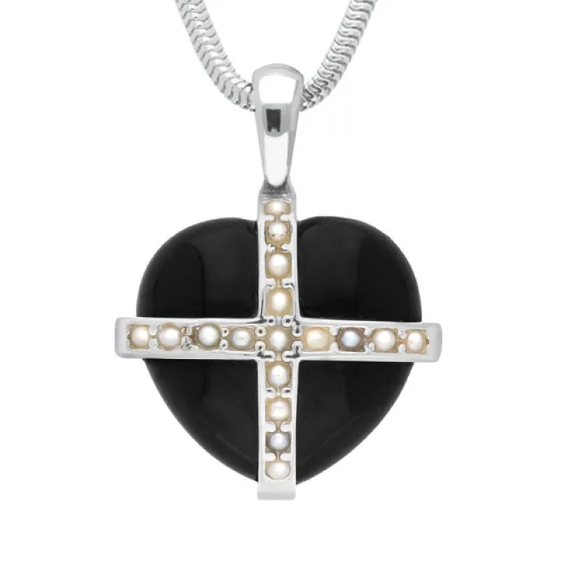 Sterling Silver Whitby Jet Seventeen Pearl Small Cross Heart Necklace sold by C.W. Sellors