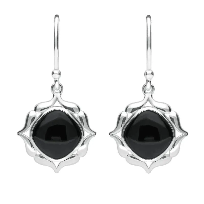 Sterling Silver Whitby Jet Cushion Fancy Edged Drop Earrings sold by C.W. Sellors