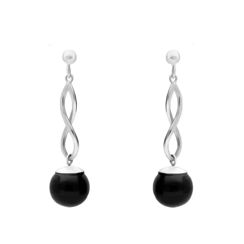 Sterling Silver Whitby Jet 8mm Bead Twist Drop Earrings made by C.W. Sellors