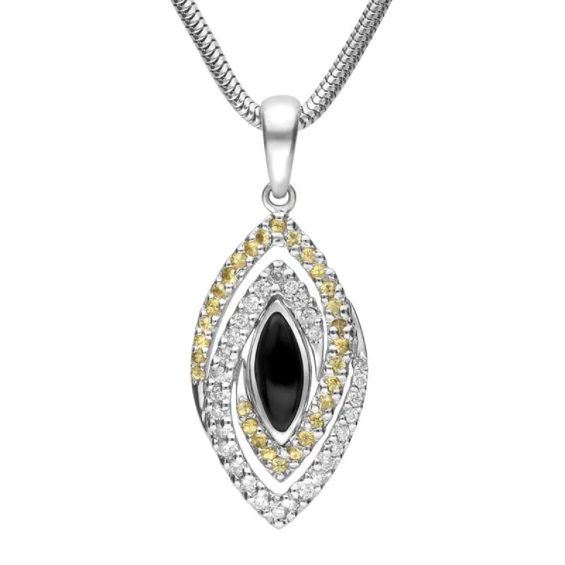 18ct White Gold Whitby Jet Diamond Sapphire Marquise Double Twist Necklace D sold by C.W. Sellors
