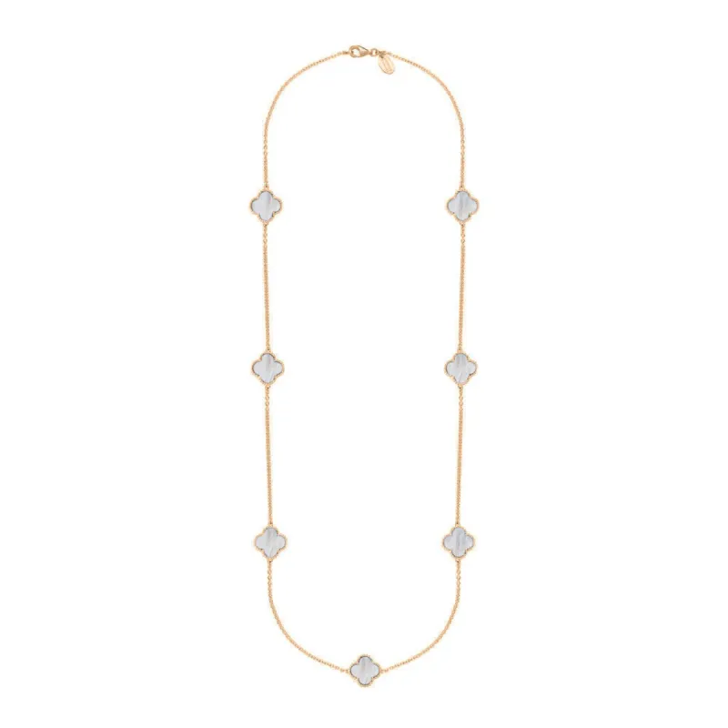 9ct Rose Gold White Mother of Pearl Bloom Four Leaf Clover Ball Edge Long Necklace sold by C.W. Sellors