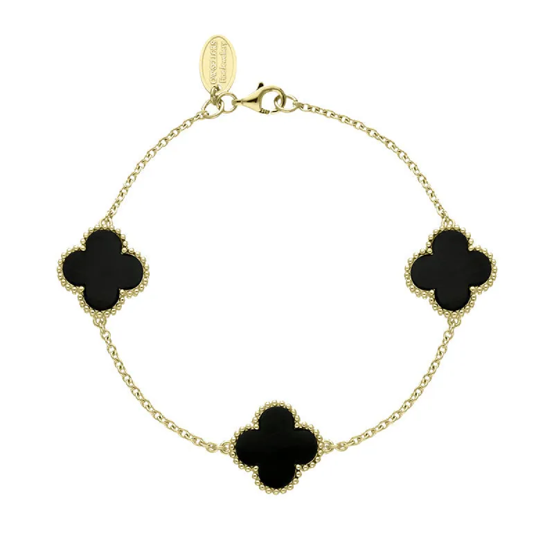 18ct Yellow Gold Whitby Jet Bloom Four Leaf Clover Ball Edge Chain Bracelet sold by C.W. Sellors