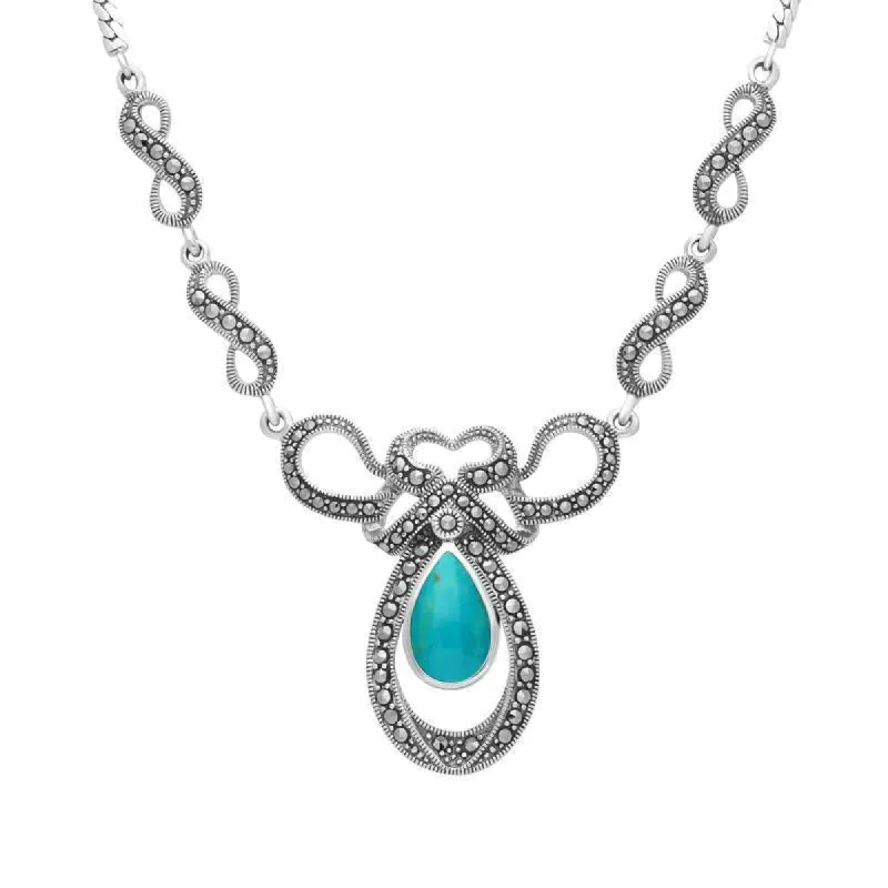 Sterling Silver Turquoise Marcasite Drop Bow Twist Necklace sold by C.W. Sellors