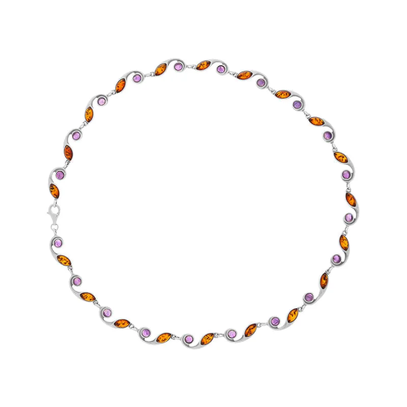 Sterling Silver Baltic Amber Amethyst Marquise and Round Link Necklace D sold by C.W. Sellors