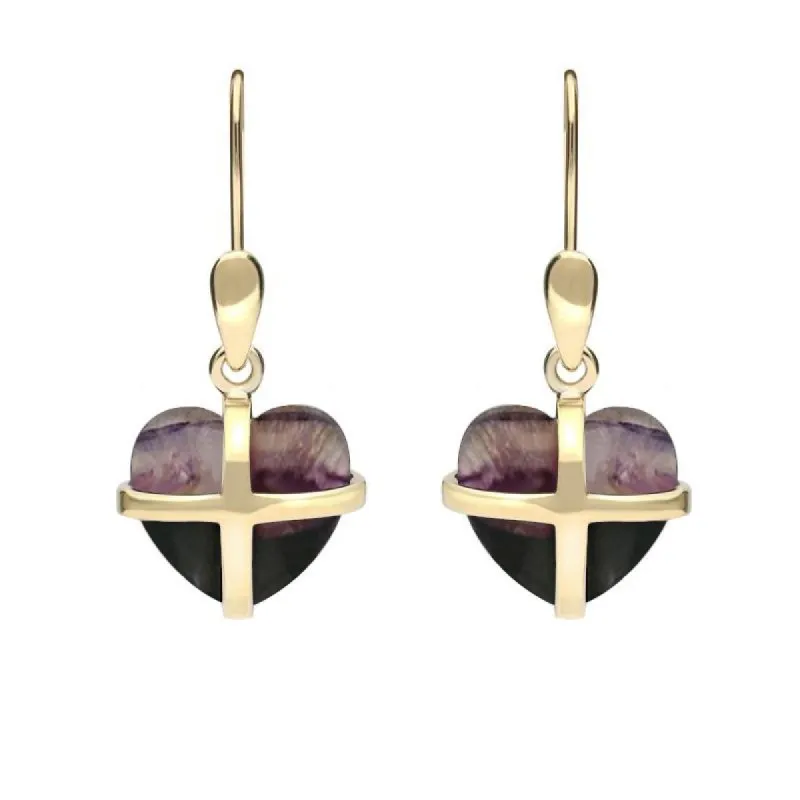 9ct Yellow Gold Blue John Small Cross Heart Drop Earrings sold by C.W. Sellors
