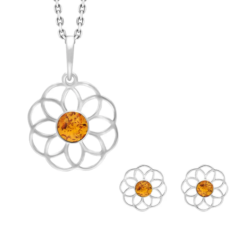 Sterling Silver Amber Flower Two Piece Set sold by C.W. Sellors