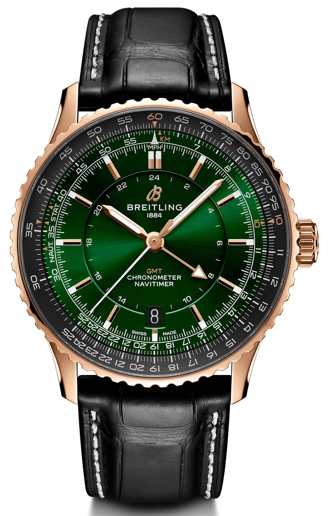 Breitling Navitimer GMT 41 Green 18k Red Gold Leather Watch sold by C.W. Sellors