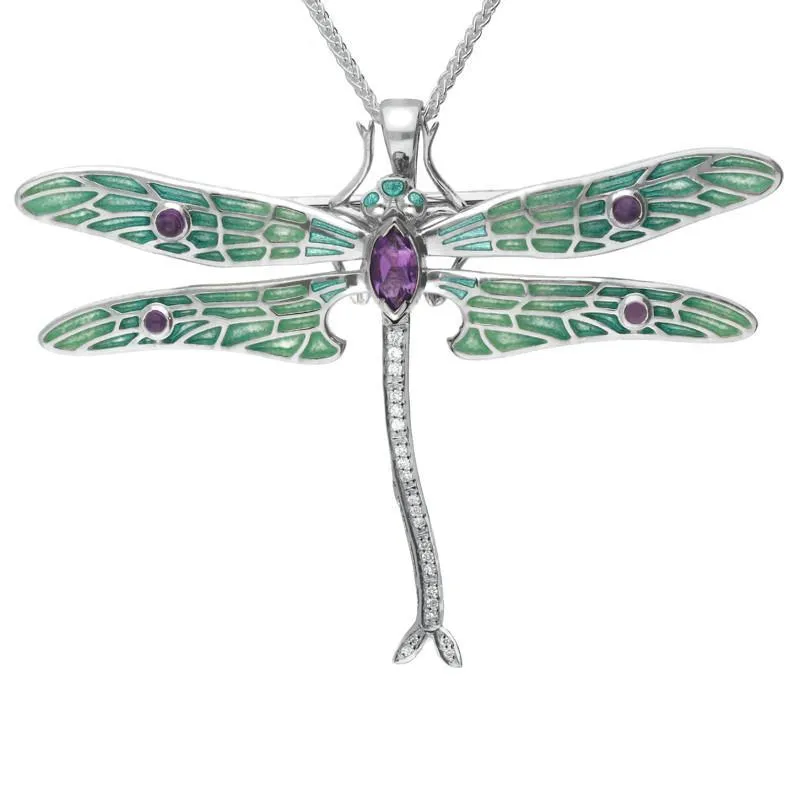 Sterling Silver Amethyst Diamonds Style & Fashion Dragonfly Brooch Necklace sold by C.W. Sellors