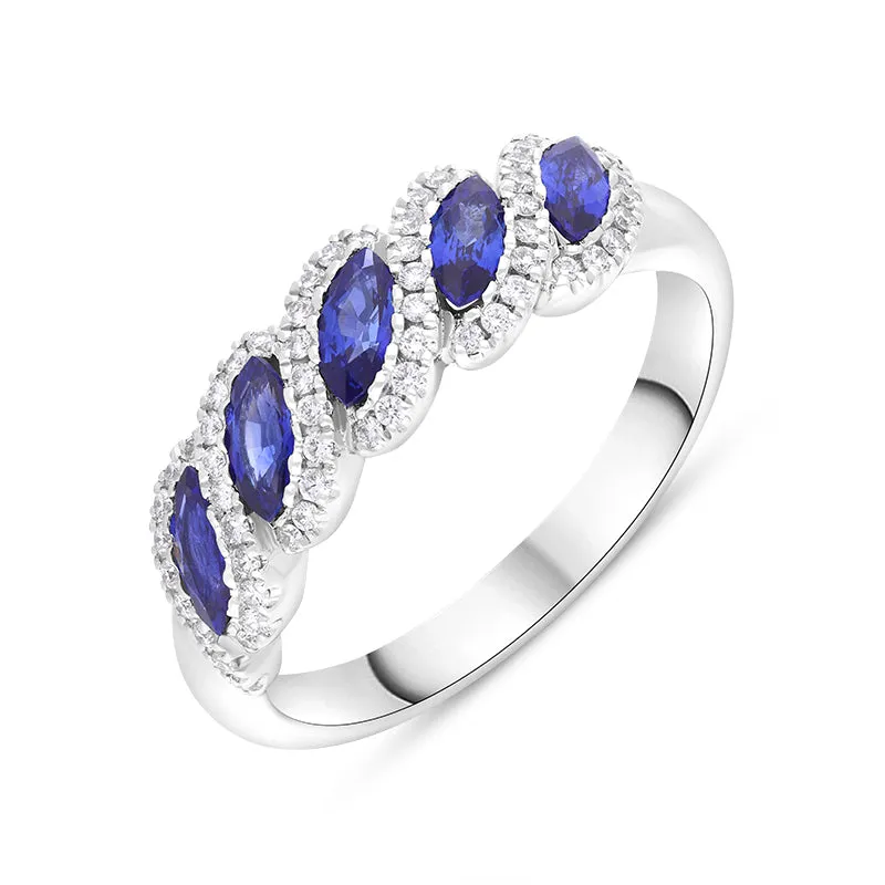 18ct White Gold Sapphire Diamond Cluster Marquise Cut Half Eternity Ring sold by C.W. Sellors