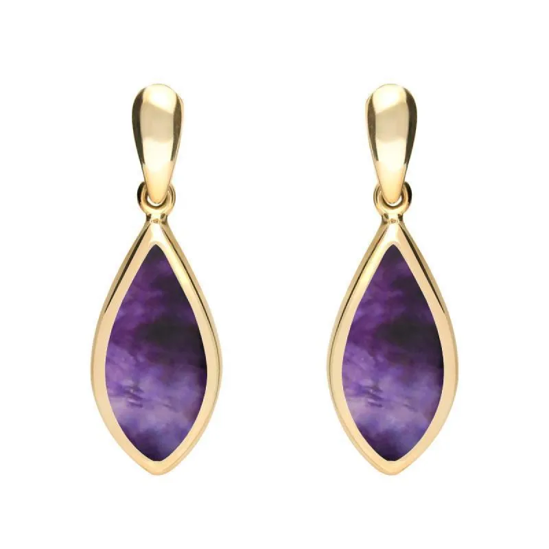 9ct Yellow Gold Blue John Small Pointed Pear Drop Earrings sold by C.W. Sellors