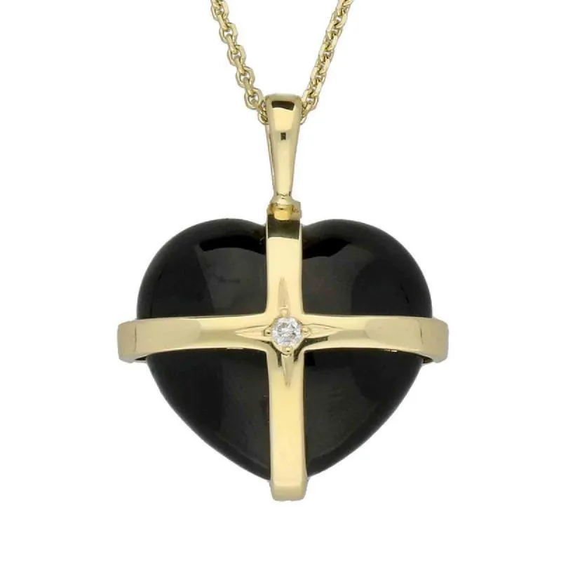 18ct Yellow Gold Whitby Jet Diamond Large Cross Heart Necklace sold by C.W. Sellors