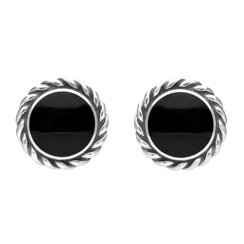 Sterling Silver Whitby Jet Large Rope Edge Round Stud Earrings sold by C.W. Sellors