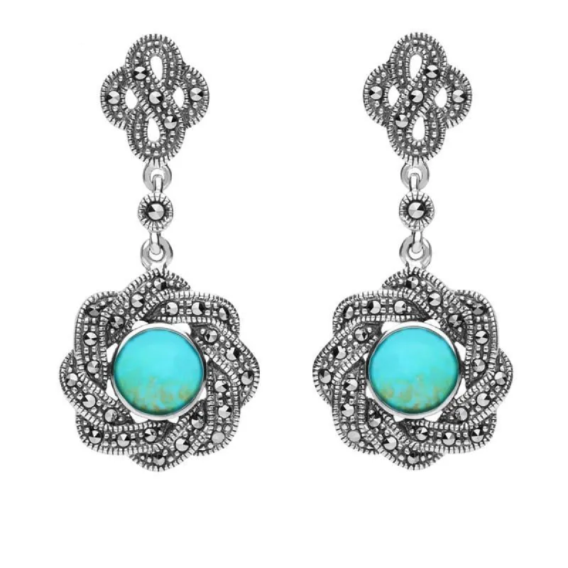Sterling Silver Turquoise Marcasite Overlap Ribbon Drop Earrings sold by C.W. Sellors