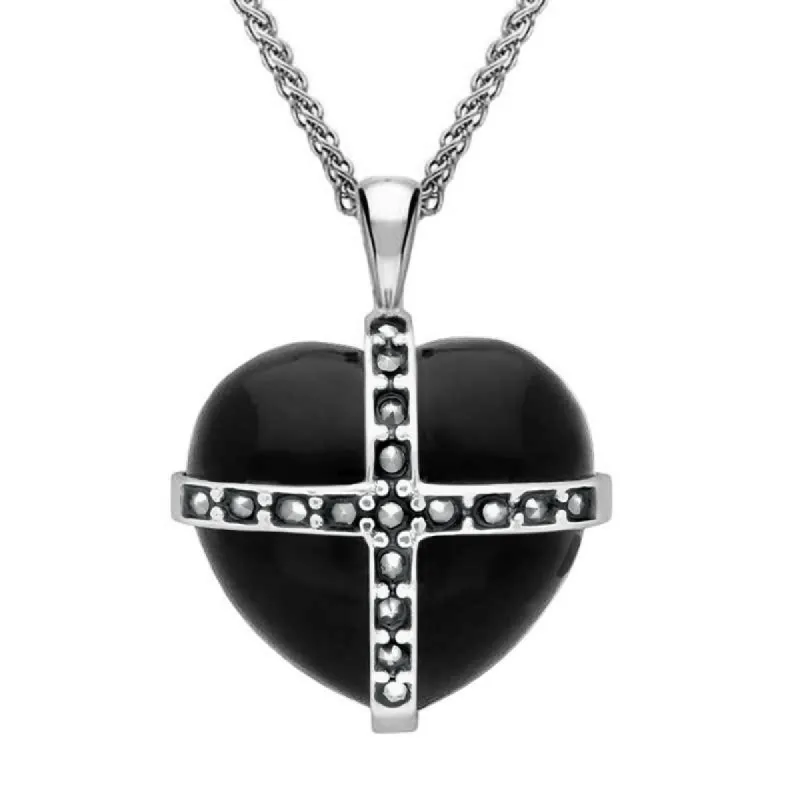Sterling Silver Whitby Jet Seventeen Marcasite Medium Cross Heart Necklace sold by C.W. Sellors