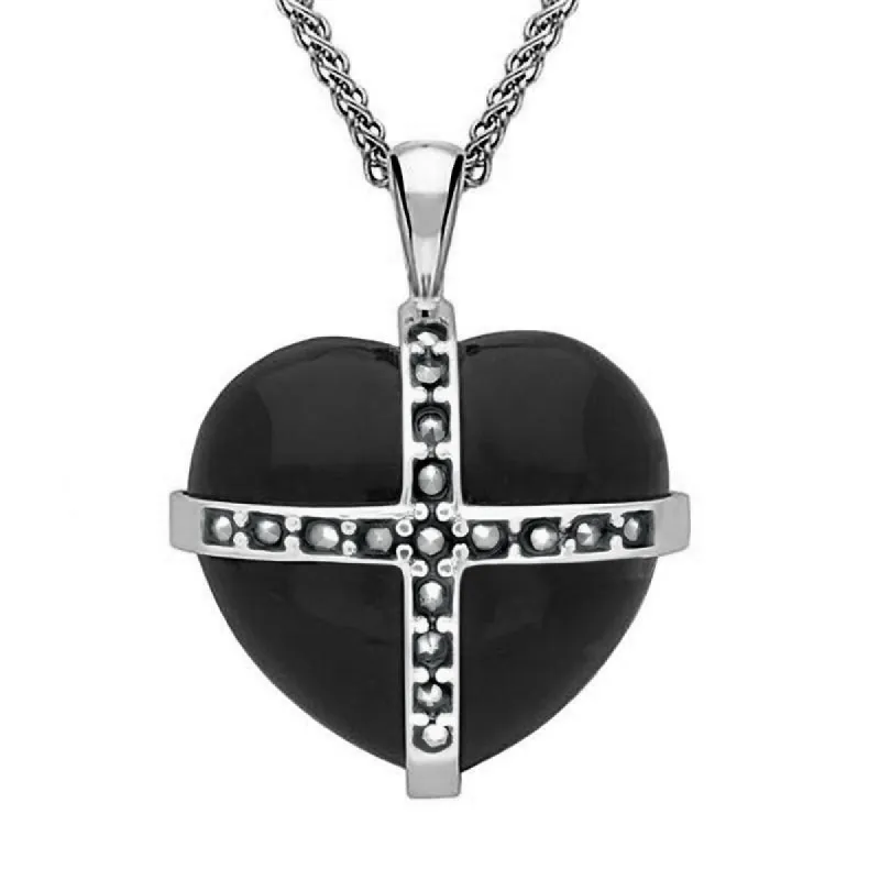Sterling Silver Whitby Jet Marcasite Large Cross Heart Necklace sold by C.W. Sellors