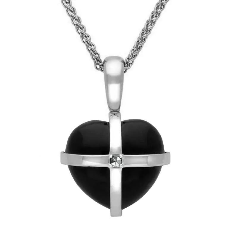 Sterling Silver Whitby Jet Marcasite Small Cross Heart Necklace sold by C.W. Sellors