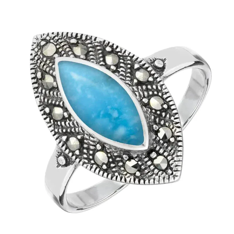Sterling Silver Turquoise Marcasite Beaded Edge Marquise Ring sold by C.W. Sellors
