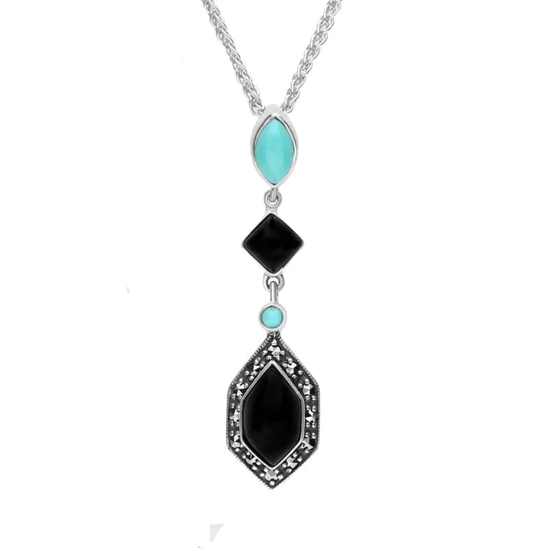 Sterling Silver Whitby Jet Turquoise and Marcasite Framed Necklace sold by C.W. Sellors