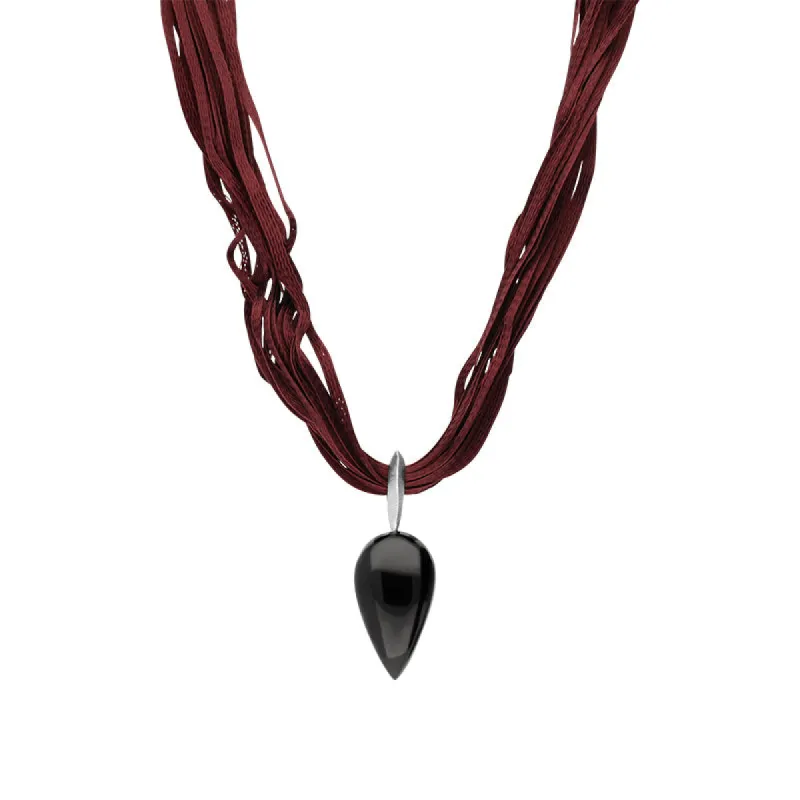 Sterling Silver Whitby Jet Burgundy Silk Pear Shape Necklace D sold by C.W. Sellors
