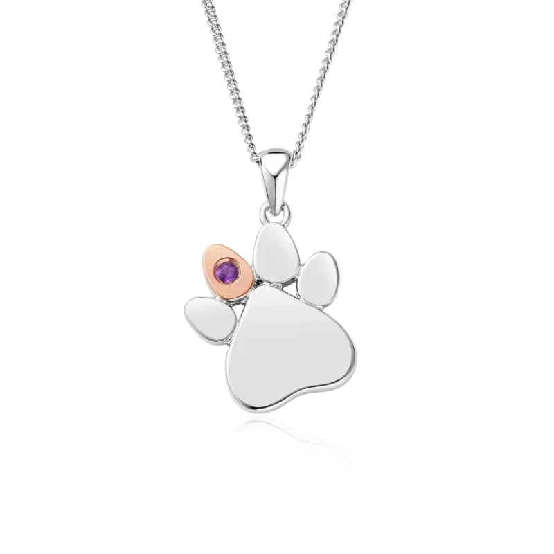 Clogau Paw Prints On My Heart Sterling Silver February Birthstone Amethyst Necklace sold by C.W. Sellors
