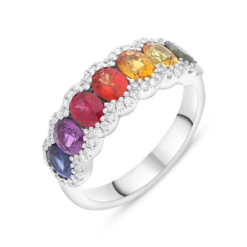 18ct White Gold Rainbow Sapphire Diamond Half Eternity Ring sold by C.W. Sellors