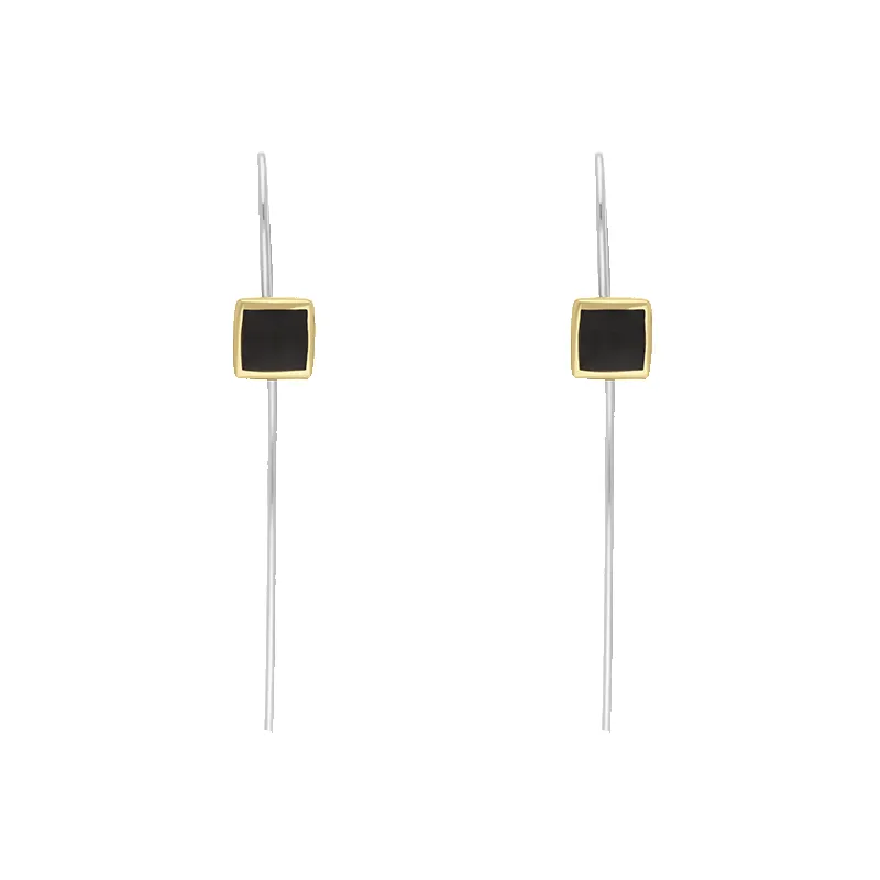 9ct Yellow Gold Sterling Silver Whitby Jet Stepping Stones 5mm Square Hook Earrings sold by C.W. Sellors
