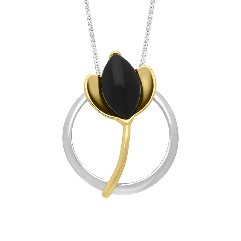18ct Yellow Gold Plated Sterling Silver Whitby Jet Open Circle Leaf Necklace made by C.W. Sellors