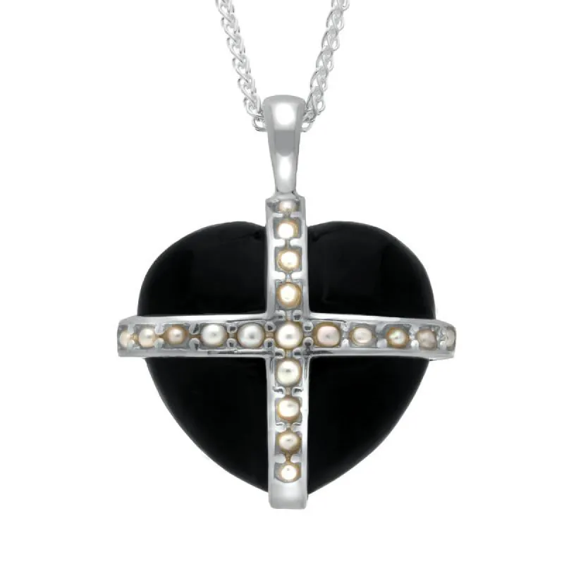 Sterling Silver Whitby Jet Nineteen Pearl Large Cross Heart Necklace sold by C.W. Sellors