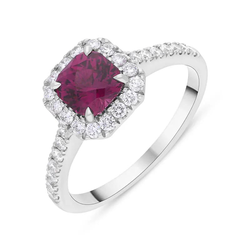 18ct White Gold Pink Tourmaline Diamond Shoulder Set Cushion Cluster Ring sold by C.W. Sellors