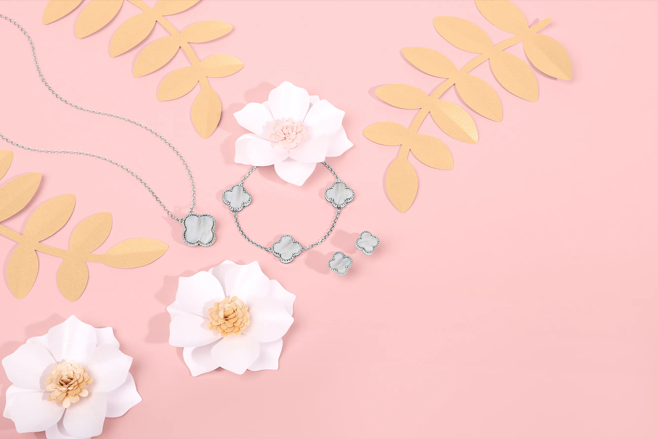 9ct White Gold White Mother of Pearl Bloom Four Leaf Clover Ball Edge Chain Bracelet sold by C.W. Sellors product image thumbnail 2