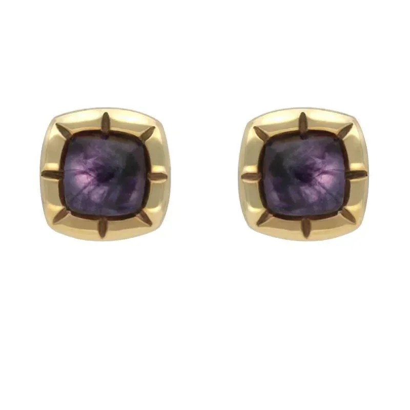 9ct Yellow Gold Blue John Ridged Cushion Stud Earrings sold by C.W. Sellors