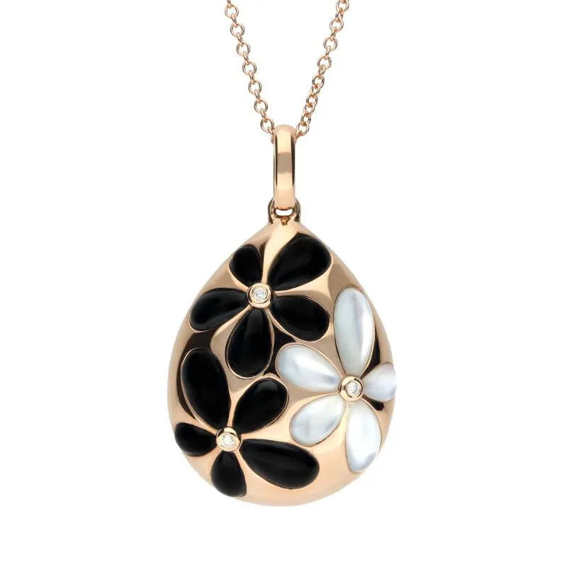 18ct Rose Gold Whitby Jet Mother of Pearl Diamond Flower Pear Necklace sold by C.W. Sellors