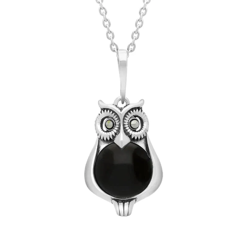 Sterling Silver Whitby Jet Marcasite Small Owl Necklace sold by C.W. Sellors