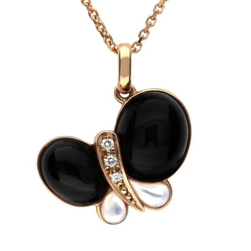 18ct Rose Gold Whitby Jet Mother of Pearl Diamond Butterfly Necklace D sold by C.W. Sellors