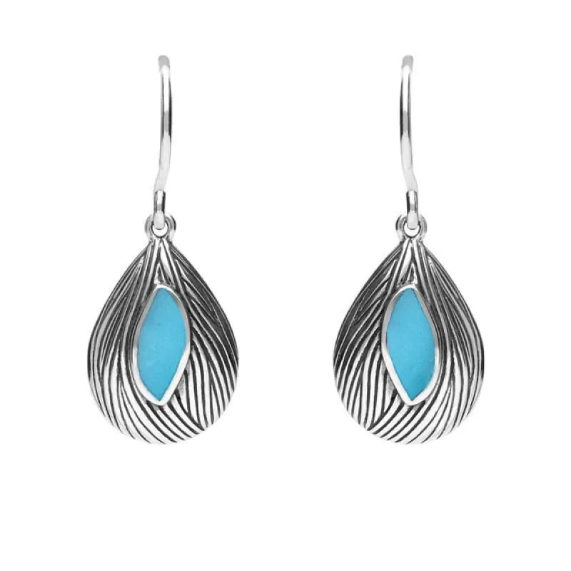 Sterling Silver Turquoise Marquise Shape Wave Wood Effect Earrings made by C.W. Sellors