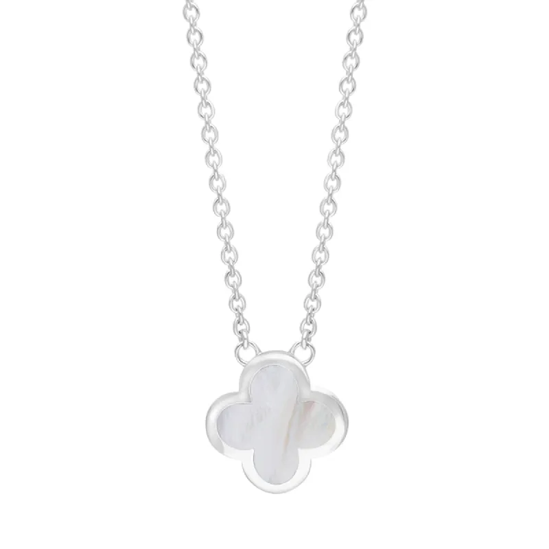 9ct White Gold White Mother of Pearl Bloom Small Four Leaf Clover Polished Edge Pendant sold by C.W. Sellors