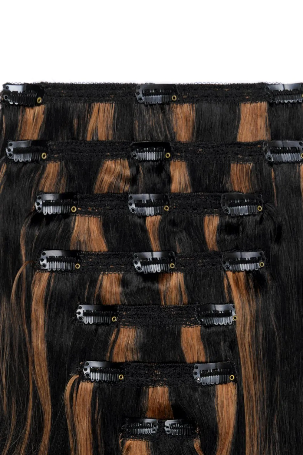 Double Wefted Full Head Remy Clip in Human Hair Extensions - Natural Black/Auburn Mix (#1B/30) sold by Cliphair product image thumbnail 2