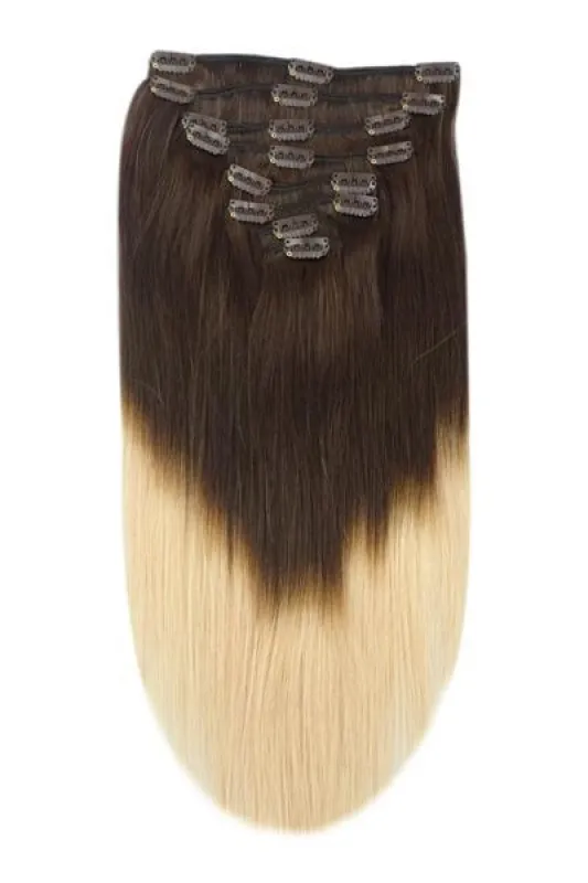 Double Wefted Full Head Remy Clip in Human Hair Extensions - Espresso Honey Ombre (#T2/27) sold by Cliphair
