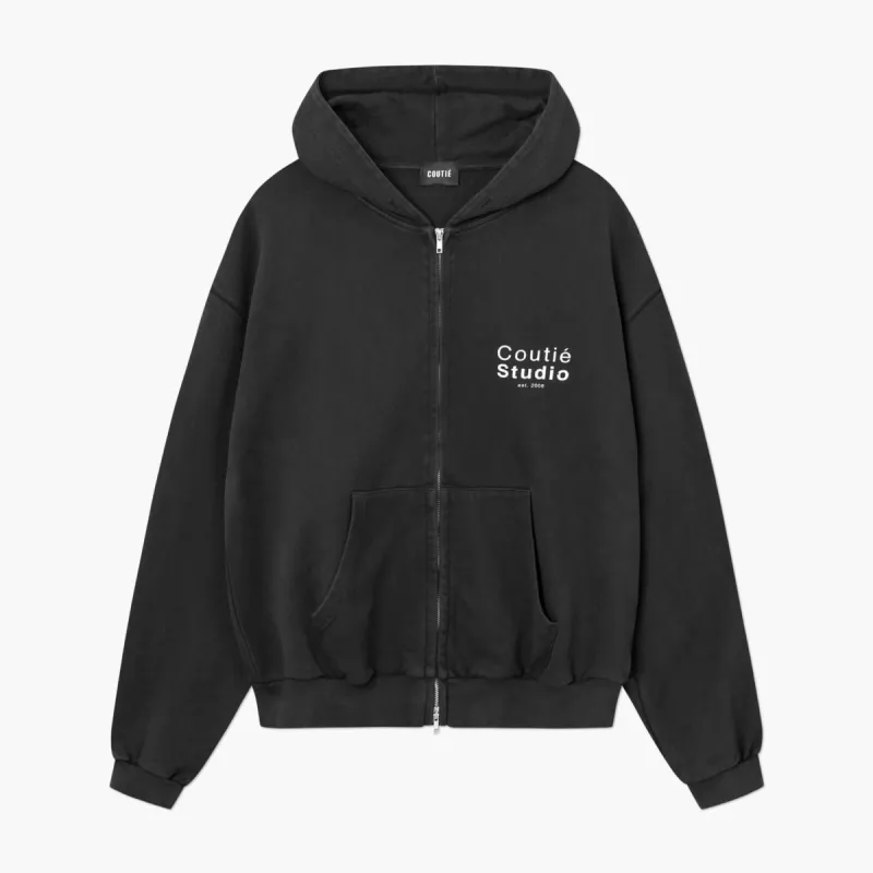 Broken Stamp Zipped Hoodie Black Wash sold by Coutie