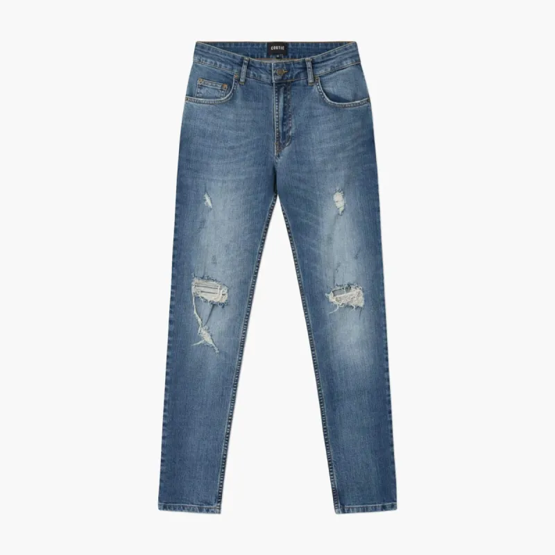 Destroyed Tapered Denim Contrast Mid Blue sold by Coutie