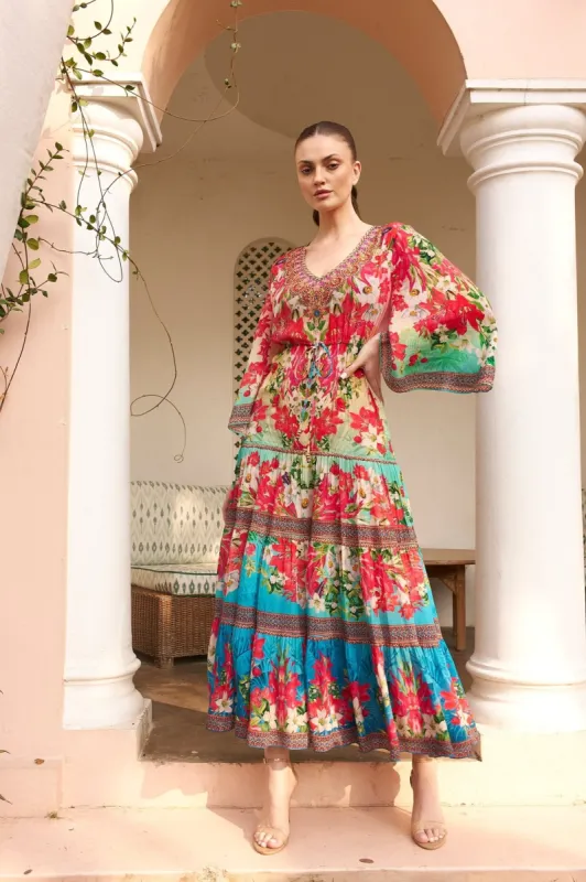 BLUE BLOSSOM V NECK TIER MAXI DRESS made by Czarina