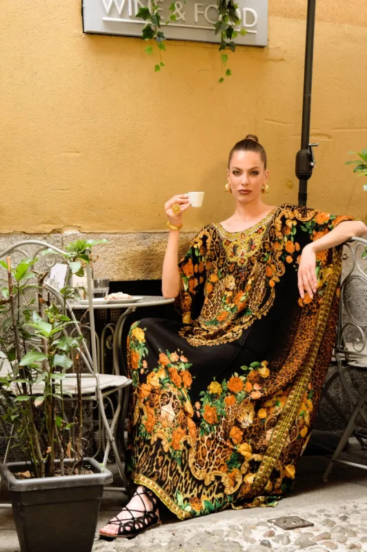 BLACK LEOPARDESS ROUND NECK LONG KAFTAN sold by Czarina