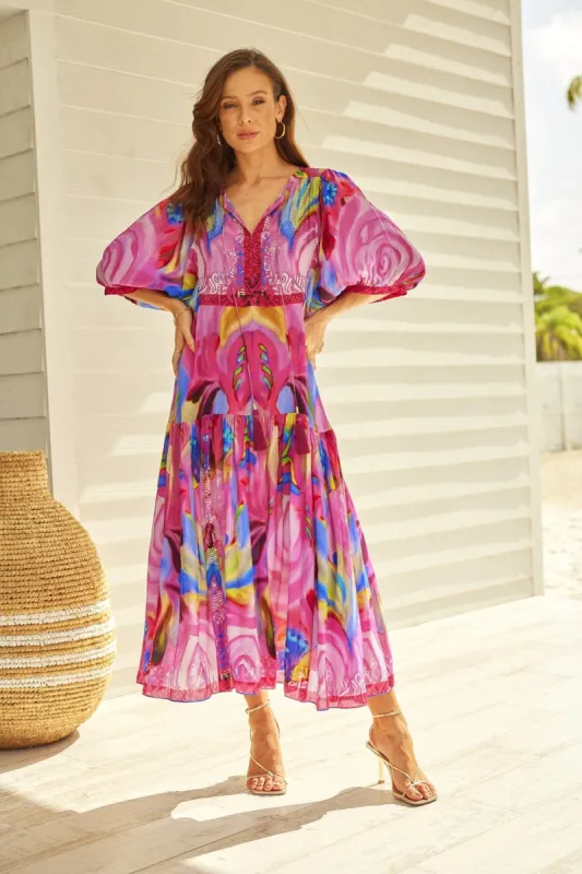 PINK ROSE MIDI DRESS W PUFF SLEEVES sold by Czarina