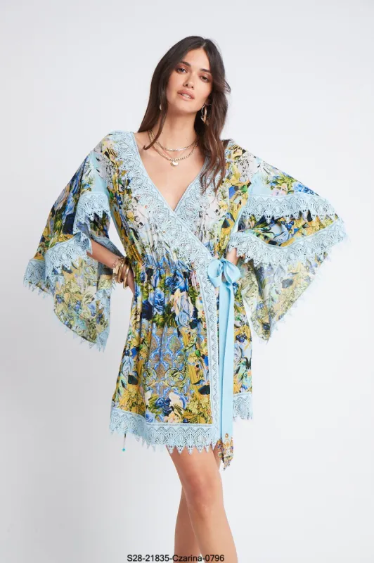 SUMMER BLUES SHORT WRAP DRESS W LACE sold by Czarina