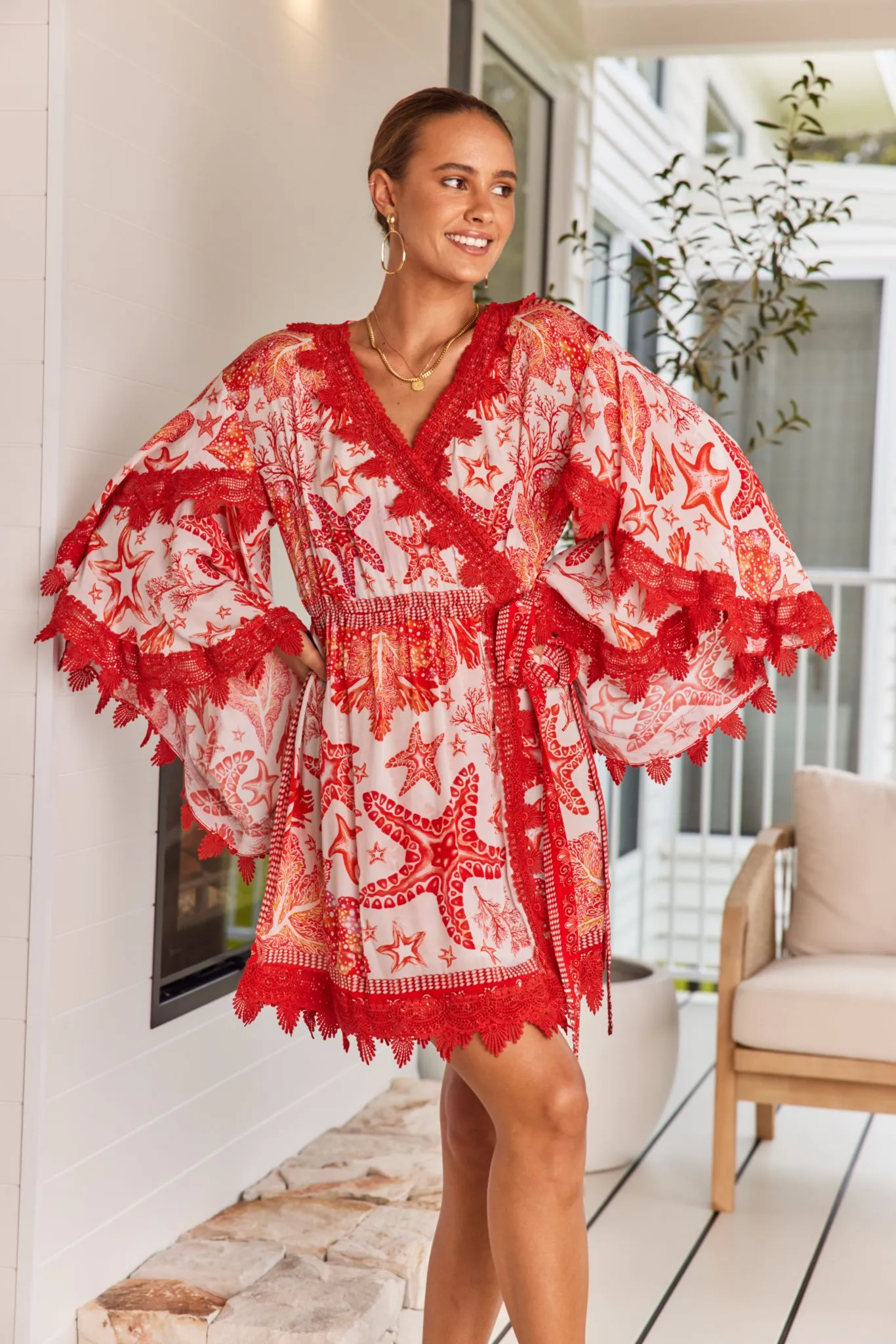 RED CORAL SHORT WRAP DRESS W LACE sold by Czarina product image thumbnail 2