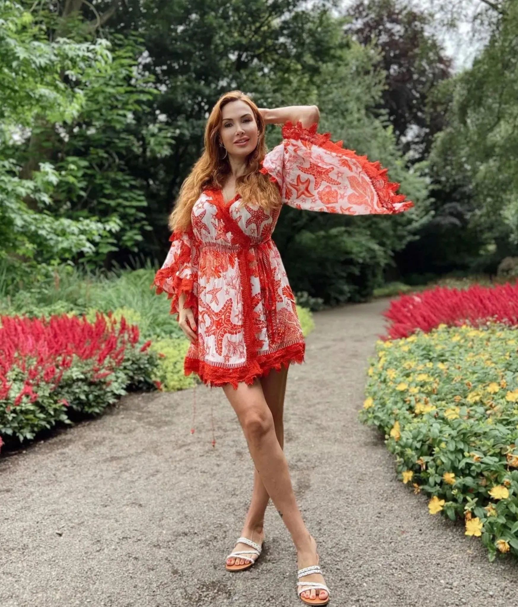 RED CORAL SHORT WRAP DRESS W LACE sold by Czarina