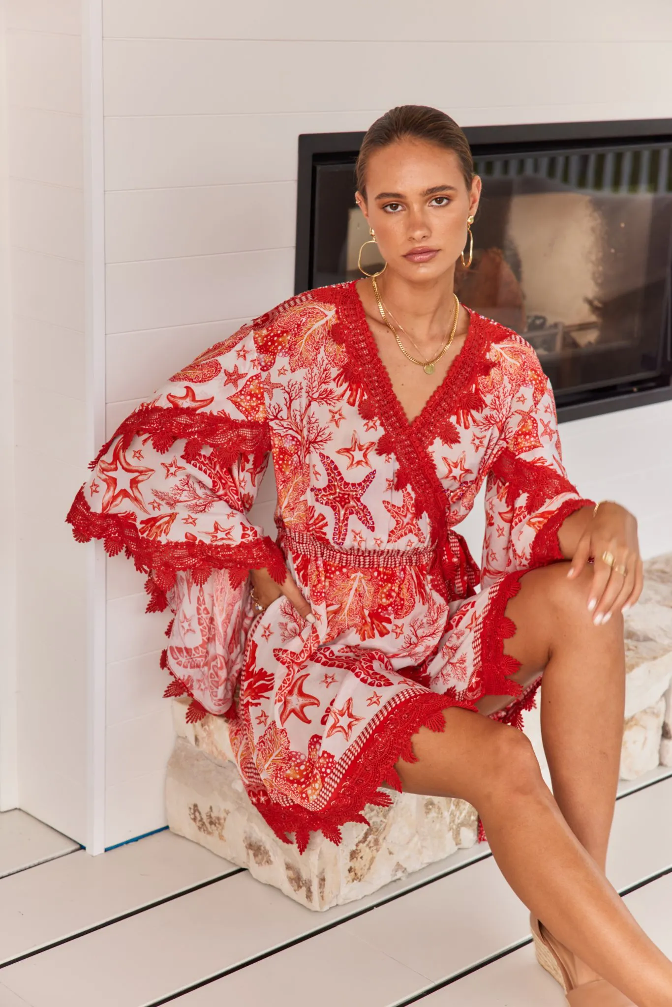 RED CORAL SHORT WRAP DRESS W LACE sold by Czarina product image thumbnail 3