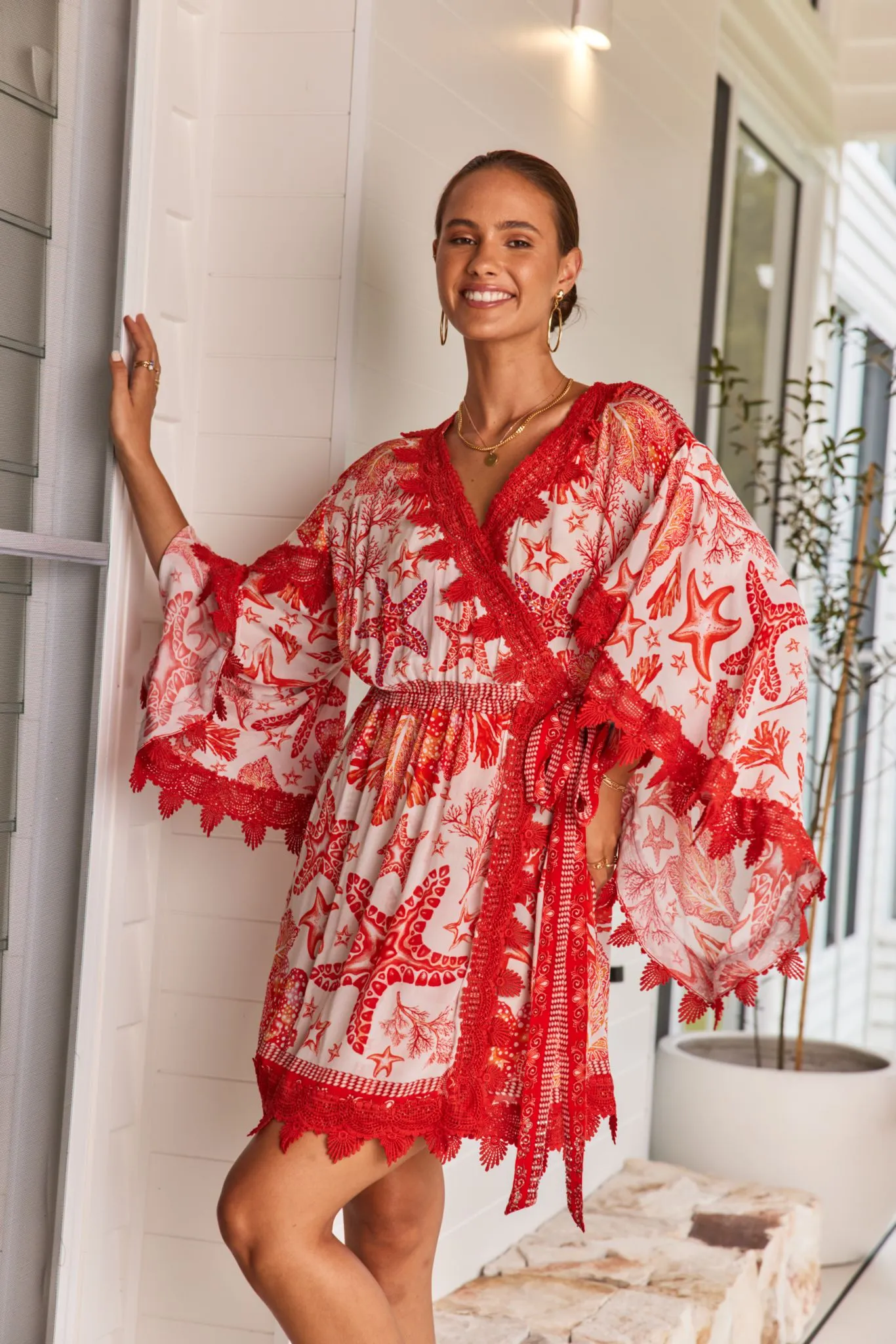 RED CORAL SHORT WRAP DRESS W LACE sold by Czarina product image thumbnail 4